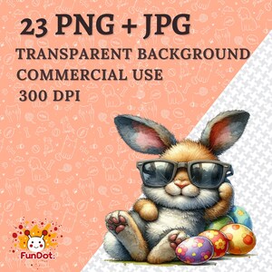May include: A cartoon bunny rabbit wearing sunglasses and sitting on a pile of colorful Easter eggs. The bunny is smiling and has a relaxed expression. The background is a light pink with a pattern of white animal shapes.