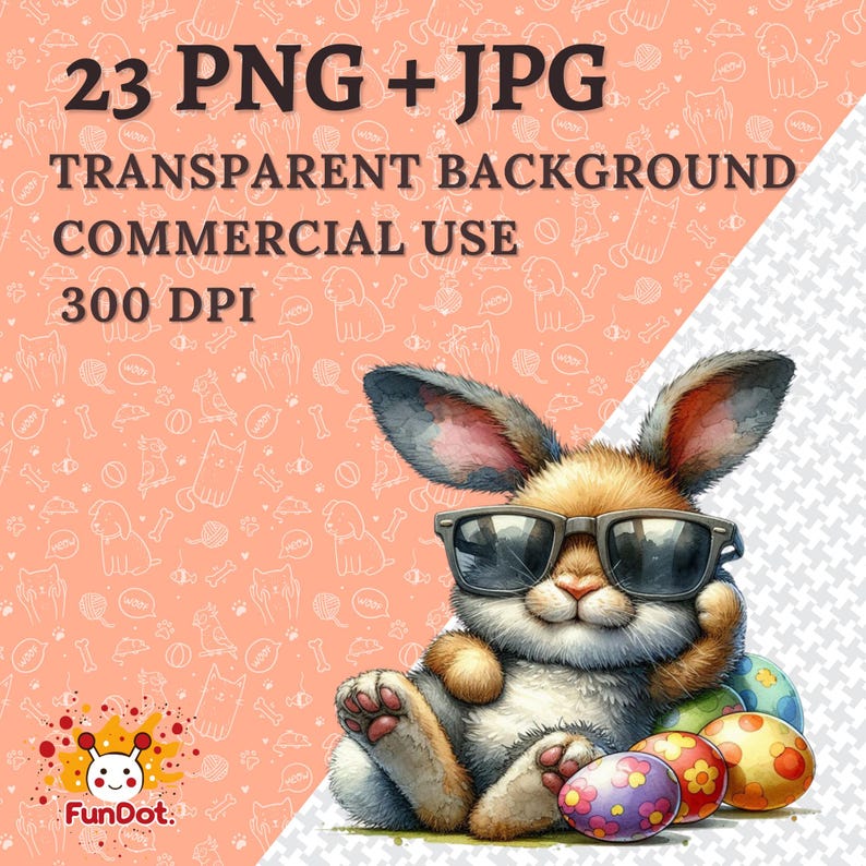 May include: A cartoon bunny rabbit wearing sunglasses and sitting on a pile of colorful Easter eggs. The bunny is smiling and has a relaxed expression. The background is a light pink with a pattern of white animal shapes.