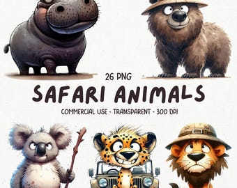 28 Quirky & Funny Safari Animals ClipArt PNG - Watercolour Cute and Whimsical Wild Woodland Animals - Printable Digital Download Images