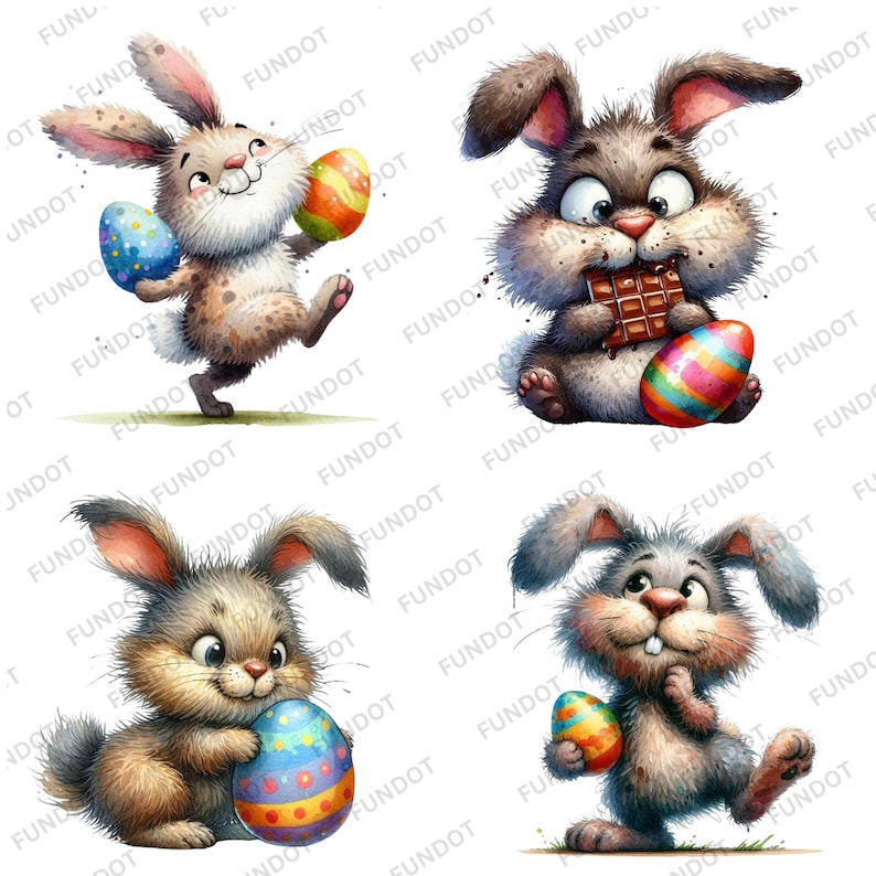 May include: Four watercolor illustrations of Easter bunnies holding chocolate and Easter eggs. The bunnies are all different colors and have different expressions.