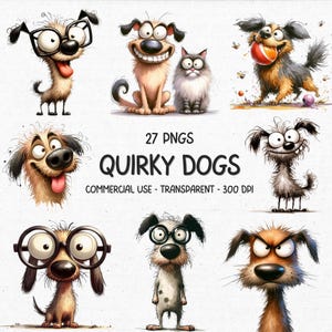 27 Quirky Funny Dogs ClipArt PNG Bundle - Watercolor Cute & Whimsical Cartoon Dogs - Printable Card Making Sublimation Digital Graphics