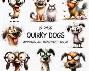 27 Quirky Funny Dogs ClipArt PNG Bundle - Watercolor Cute & Whimsical Cartoon Dogs - Printable Card Making Sublimation Digital Graphics