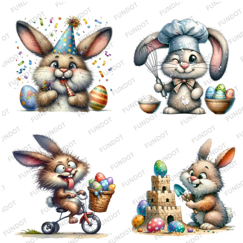 May include: Four illustrations of Easter bunnies. The first bunny is wearing a party hat and holding a noisemaker. The second bunny is wearing a chef's hat and holding a whisk. The third bunny is riding a tricycle with a basket of Easter eggs. The fourth bunny is building a sandcastle with a shovel.