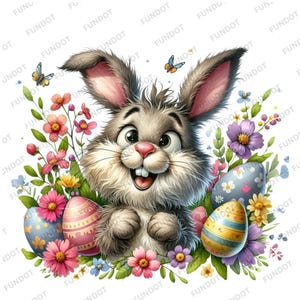 May include: A cartoon bunny rabbit with big eyes and a wide smile is surrounded by colorful Easter eggs and spring flowers. The bunny is gray and white, and the eggs are decorated with stripes and polka dots.