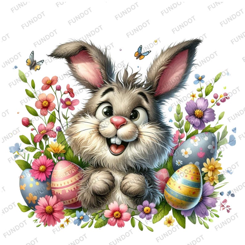 May include: A cartoon bunny rabbit with big eyes and a wide smile is surrounded by colorful Easter eggs and spring flowers. The bunny is gray and white, and the eggs are decorated with stripes and polka dots.