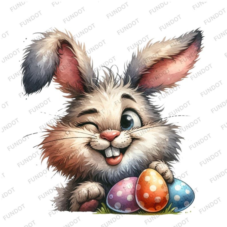 May include: A cartoon bunny rabbit with blue eyes winks at the viewer. The bunny is holding three colorful Easter eggs in its paws. The eggs are decorated with white polka dots and are pink, blue, and red.
