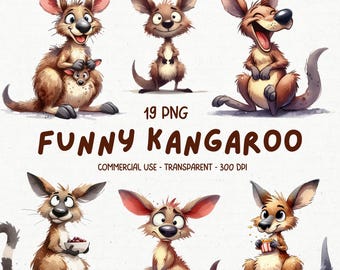 19 Pacote de ClipArt PNG de Animais Cangurus Fofos e Engraçados - ClipArt de Safari Peculiar em Aquarela - Gráficos de Desenho Animado para Imprimir - Download Digital