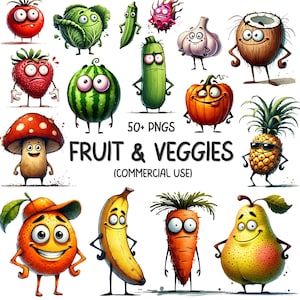 54 Obst & Gemüse PNG ClipArt - Nettes lustiges Obst und Gemüse Charaktere druckbares Sublimationsdesign - digitaler Download - kommerzielle Nutzung