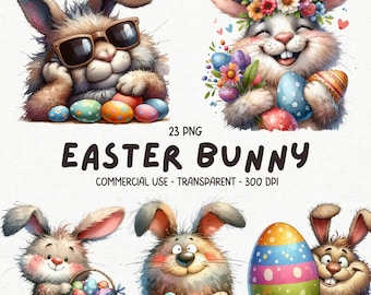 Cute Funny Easter Bunny with Egg PNG ClipArt- 23 Watercolor Quirky Whimsical Easter Rabbit Sublimation Card Making Design - Digital Download
