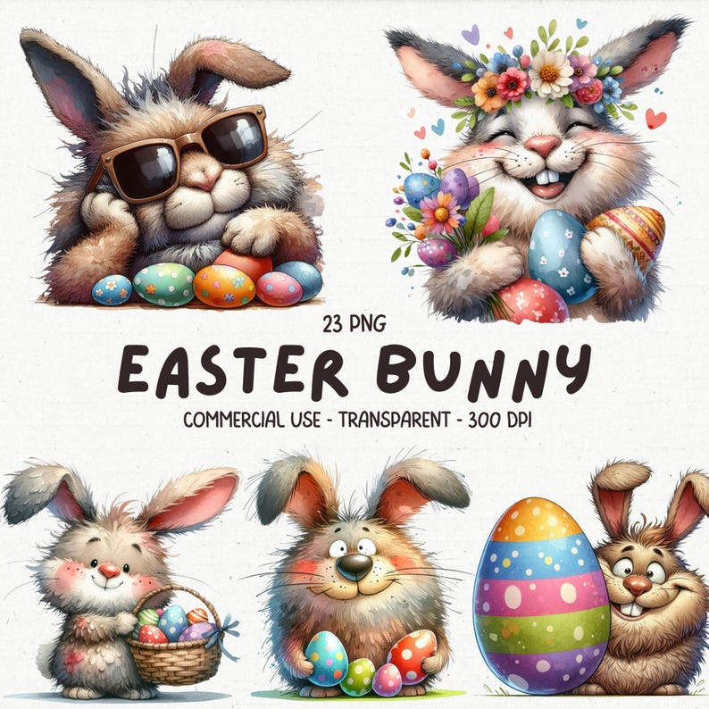 23 Cute Funny Easter Bunny with Egg PNG ClipArt- Watercolor Quirky Whimsical Easter Rabbit Sublimation Card Making Design - Digital Download