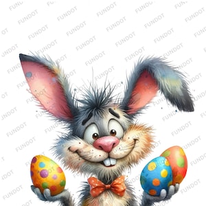 May include: A cartoon bunny rabbit with a big smile, wearing a red bow tie, holds two colorful Easter eggs. The bunny has gray fur, pink ears, and a brown nose.