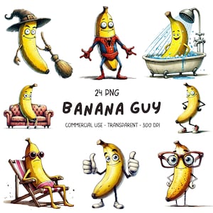 24 images clipart banane drôle - aquarelle bananes originales PNG conception imprimable en sublimation - téléchargement numérique - usage commercial