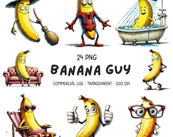 24 divertenti Banana ClipArt - Acquerello Quirky Bananas PNG Stampabile Sublimazione Design - Download digitale - Uso commerciale