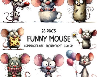 26 Quirky Funny Mouse Rat PNG ClipArt - Watercolor Cute Mice Animals Printable Sublimation Design - Digital Download - Commercial Use