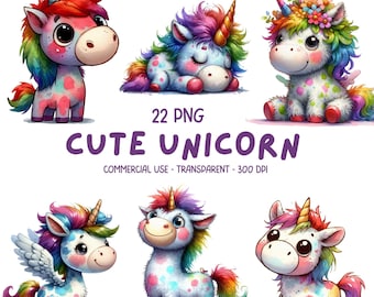 Paquete de 22 adorables y extravagantes imágenes prediseñadas de unicornios bebés en formato PNG - Imágenes prediseñadas de animales míticos de fantasía kawaii con acuarela - Gráficos de dibujos animados imprimibles