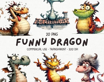 20 Funny & Quirky Dragons ClipArt PNG Bundle - Watercolor High Quality Fantasy Mythical Dragons Clip Art - Printable Digital Download Images