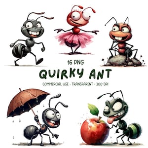 16 Quirky Ants ClipArt PNG Image - Watercolor Funny Insects Printable Graphics - Sublimation Digital Download - Commercial Use