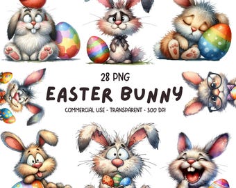 Quirky Cute Easter Bunny with Egg PNG ClipArt - 28 Watercolor Funny Easter Rabbit Animal Sublimation Card Making Design - Digital Download