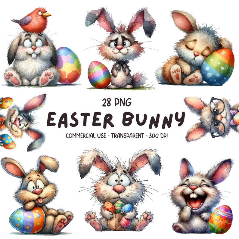 Quirky Cute Easter Bunny with Egg PNG ClipArt - 28 Watercolor Funny Easter Rabbit Animal Sublimation Card Making Design - Digital Download