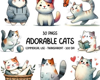 30 söta bedårande katter ClipArt PNG-paket - Akvarell kawaii och rolig kattungkonst - Utskrivbara bilder - Digital nedladdning - Kommersiellt bruk