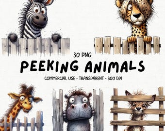 30 Funny Peeking Animals ClipArt PNG Bundle - Watercolor Quirky Cute Safari Animals Clip Art - Printable Cartoon Graphics - Digital Download