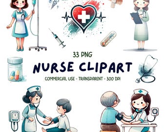 Paquete de 33 imágenes prediseñadas PNG de enfermeras y médicos - Icono de equipo médico de enfermería hospitalaria en acuarela para uso comercial (descarga digital)