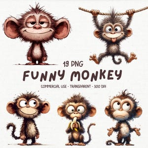 Paquete de 19 imágenes prediseñadas de monos divertidos y extravagantes: imágenes prediseñadas de animales salvajes de safari con acuarela: gráficos de dibujos animados imprimibles: descarga digital