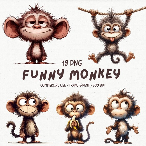 19 Quirky & Funny Monkey ClipArt PNG Bundle - Watercolor Cute Safari Wild Animals Clip Art - Printable Cartoon Graphics - Digital Download