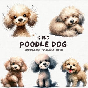 12 Cute & Funny Poodle Dog ClipArt PNG Bundle - Watercolor Quirky Baby Poodle Puppies Printable Card Making Sublimation Cartoon Animals Art