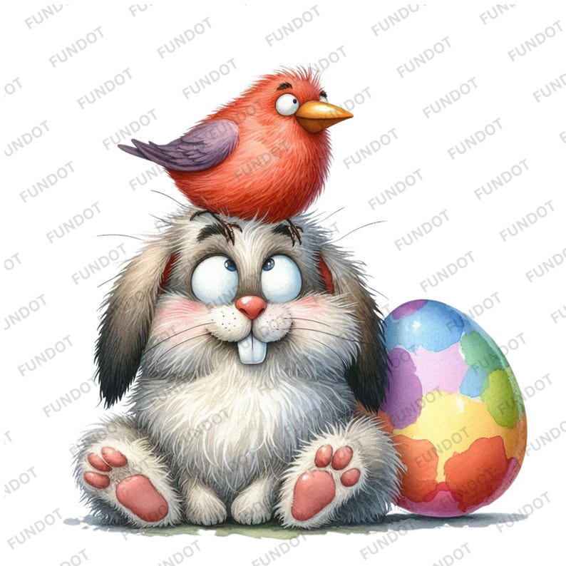 May include: A white bunny with a red bird perched on its head. The bunny is sitting next to a colorful Easter egg. The bunny has a surprised expression on its face.