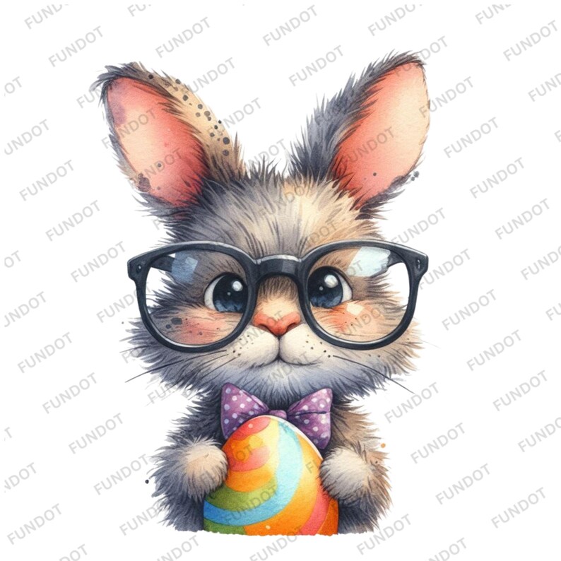 May include: A gray bunny rabbit wearing black-rimmed glasses and a purple bow tie holds a colorful Easter egg. The bunny has a sweet expression on its face.