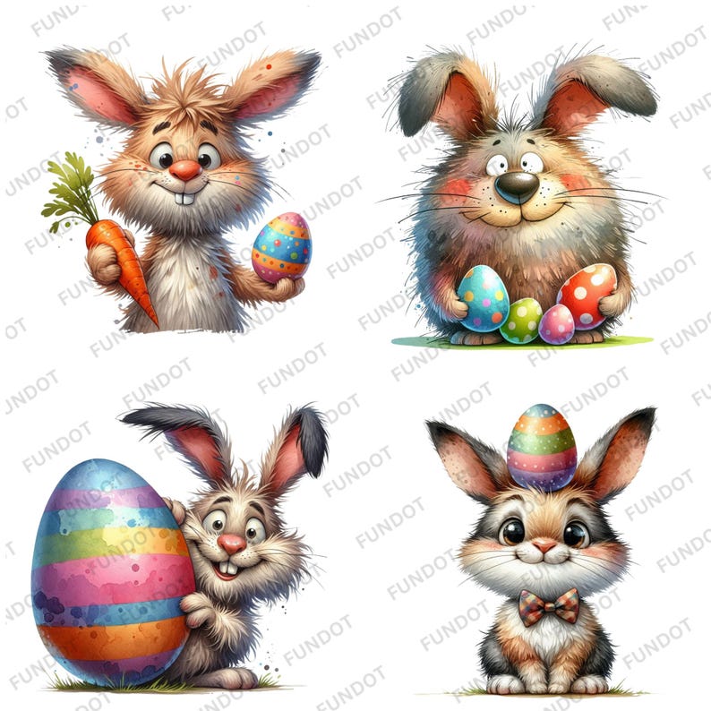 May include: Four cartoon bunnies with fluffy fur and long ears are holding colorful Easter eggs. The bunnies are in different poses, some are sitting, some are standing, and some are holding the eggs in their paws. The eggs are decorated with stripes, dots, and swirls.