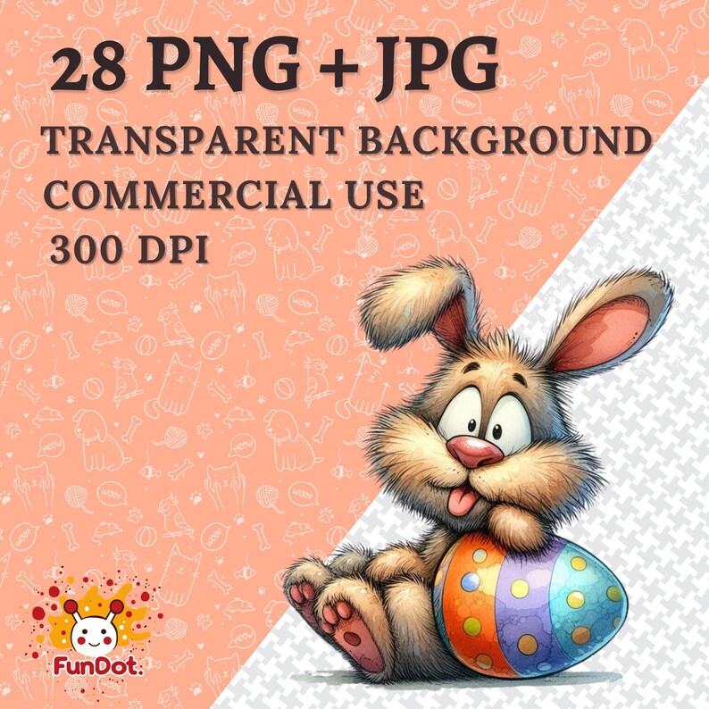 May include: A cartoon bunny rabbit with a big smile and tongue sticking out holds a colorful Easter egg. The bunny is brown and white with a fluffy tail. The background is a light pink with a white pattern of animal and pet related items.