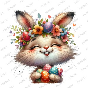 May include: A cute cartoon bunny rabbit wearing a flower crown and holding colorful Easter eggs. The bunny has closed eyes and a big smile.