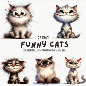 Paquete de 22 imágenes PNG de gatos sonrientes, adorables y divertidos - Imágenes prediseñadas de gatitos en acuarela - Dibujos animados imprimibles - Descarga digital