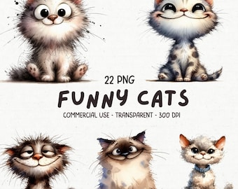 22 Cute & Funny Smiling Cat ClipArt PNG Bundle - Watercolor Sweet Little Kittens Clip Art - Printable Cartoon Graphics - Digital Download