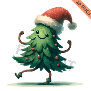 Op de afbeelding: Een grillige illustratie van een dansende kerstboom met een rode kerstmuts met witte rand. De groene boom heeft een lachend gezicht, rode ballen en bruine ledematen. De tekst "20 PNG's" is zichtbaar.