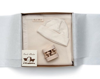 Best Baby Shower Gift Set - Finest Quality Organic Cotton Blanket with Baby Hat and Heirloom Rattle