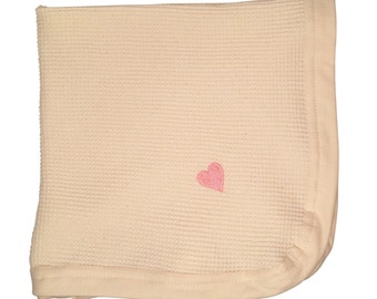 Cherub's Blanket Pink Heart Tag Along Baby Blanket - Organic Cotton with Pink Embroidered Heart