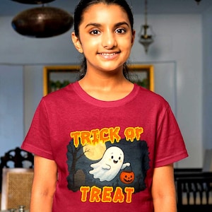 Kids Halloween Ghost T-Shirt: Trick or Treat Pumpkin Pail Tee