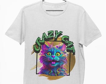 Colorful Crazy Cat Graphic T-Shirt: Fun Cat Lover Tee