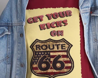 Get Your Kicks On Route 66 with this Unisex Heavy Cotton Tee. Musical theme for Wearable Art.