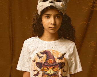 Kids Halloween Cat Tee, Spooky Cute Cat Top, Trick or Treat Shirt, Witchy Cat Tee