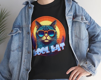 Kool Kat Unisex Heavy Cotton tee radiates a cool and laid-back vibe,  Cool Cat T-Shirt, Summer Vibes Apparel, Perfect for Cat Lovers