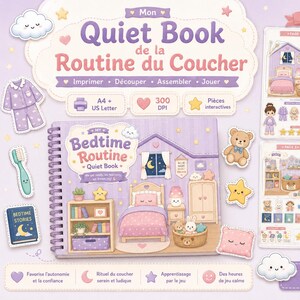 Peut inclure: Un livre calme imprimable intitulé Mon Quiet Book de la Routine du Coucher avec une couverture à spirales illustrant une chambre, quatre pages d'activités et des éléments à découper comme un ours, une étoile, un oreiller et un pyjama.