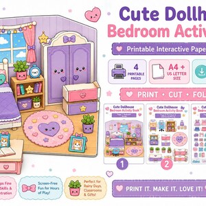 Peut inclure: Un livre d'activités imprimable Cute Dollhouse Bedroom comprenant quatre pages au format A4 et US Letter. L'ensemble inclut des éléments en papier à découper pour construire une chambre avec lit, armoire, bureau et tapis, aux tons pastel.