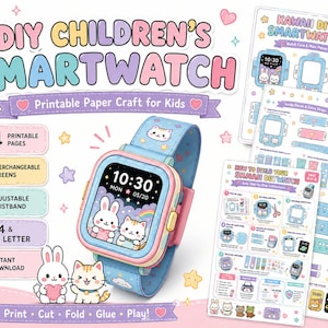 May include: A DIY children's smartwatch printable paper craft kit featuring four pages of templates. The kit includes instructions, interchangeable screens, and an adjustable wristband with pastel blue, pink, and yellow colors and cute animal graphics.
