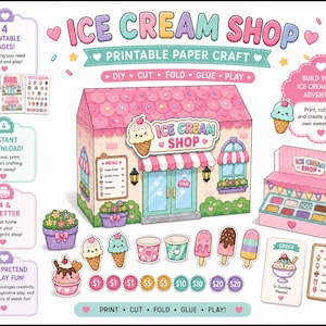 Peut inclure: Un ensemble de loisirs créatifs en papier à imprimer pour une boutique de glaces comprenant un bâtiment rose, un comptoir, des cornets, des sucettes glacées, des coupes, des jetons de monnaie et des menus. Texte : ICE CREAM SHOP, DIY, CUT, FOLD, GLUE, PLAY.