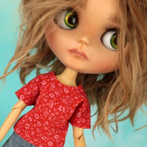 Blythe Doll T-Shirt: Red Floral Jersey, Handmade