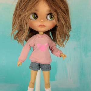 Cute Little Pink Raglan Sweatshirt, Sweater for Blythe Doll with Pink Mouse Decal